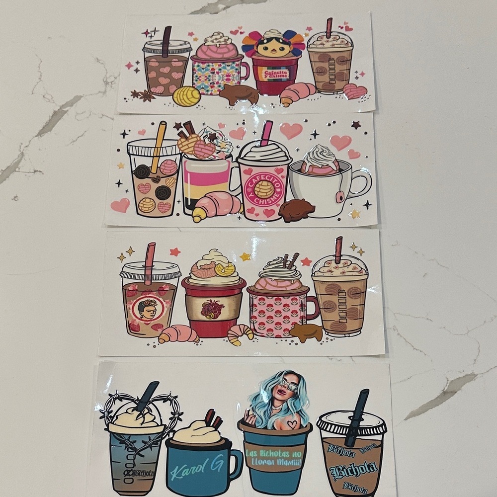 UV DTF Cup Wraps x 4 Assorted Coffee and Dessert Stickers for 16 oz Glass Cups